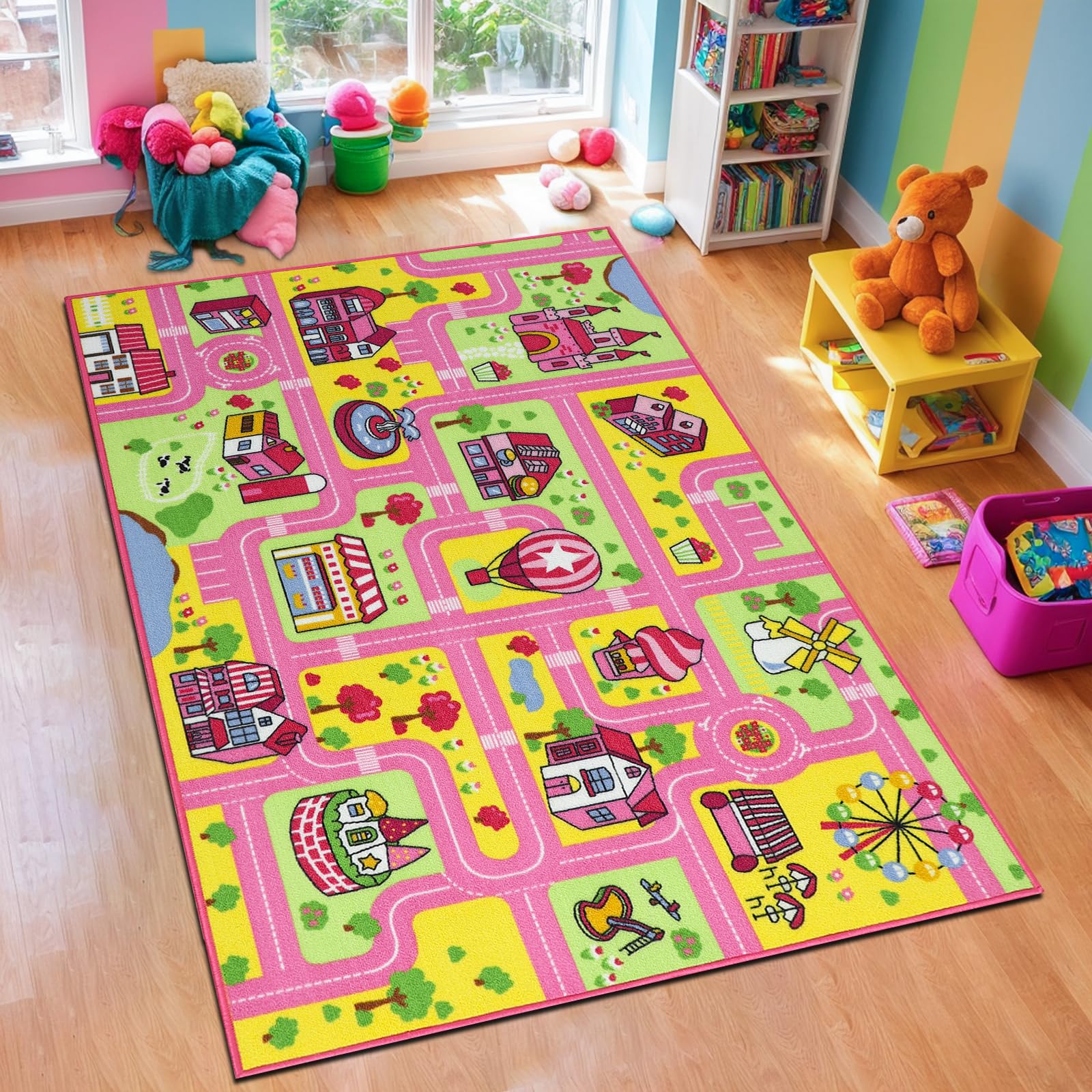 Capslpad Kid Rug for Playroom 100x160cm Pink Girls Play Rug Traffic Road Car Play Game Mat Educational Learning Area Rug Kids Carpet for Children Bedroom,Playroom,Nursery Room Decor