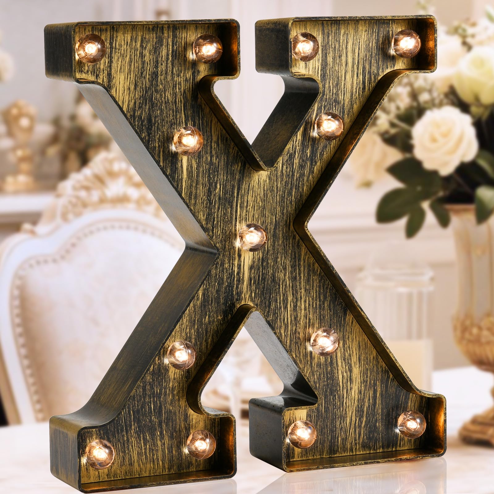Golden Black Led Marquee Letter - Industrial, Vintage Style Light Up Alphabet Letter Sign for Cafe Wedding Birthday Party Christmas Lamp Home Bar Initials Decor - X