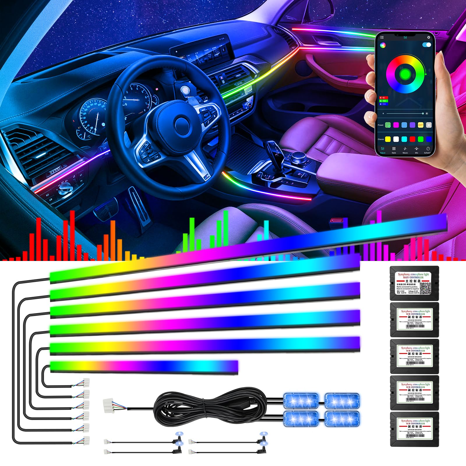 Photo 1 of Dreamcolor Acrylic Interior Car Lights, AMKI Car LED Strip Light with APP Control, Car Accessories Car Ambient Neon Light Kit with RGB 14 in 1 and 175 inches 593 LEDs, 16 Million Color Sound Activated