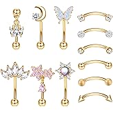 Drperfect 12 PCS Rook Piercing Jewelry Rook Earrings for Women Men Eyebrow Rings 16G Stainless Steel Curved Barbell Dangle CZ Belly Lip Ring Cartilage Daith Surface Tragus Piercing Jewelry