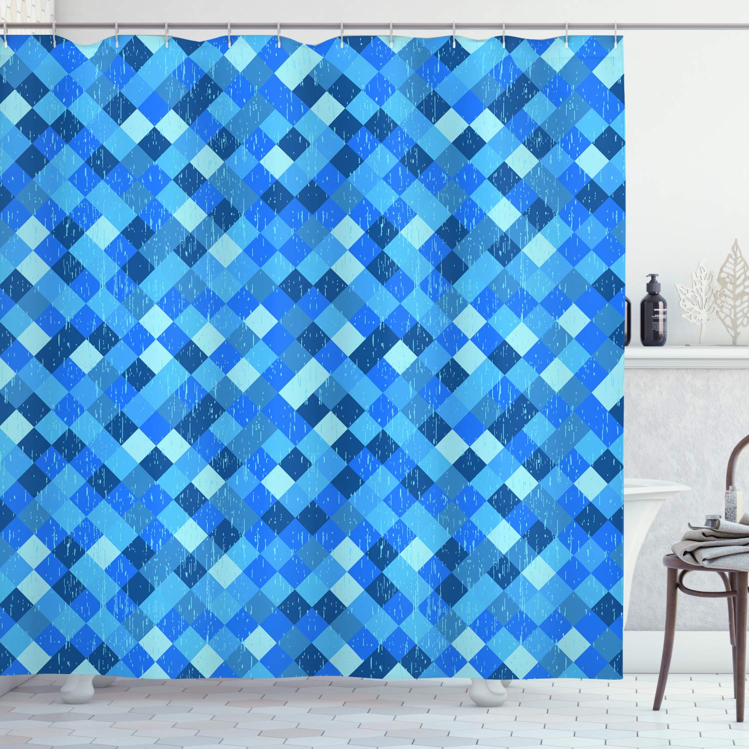 ABAKUHAUS Blue Shower Curtain, Abstract Geometrical Hexagonal Squared Shapes Image Ombre Style Art, Cloth Fabric Bathroom Decor Set with Hooks, 70 Inches, Turquoise Dark Blue