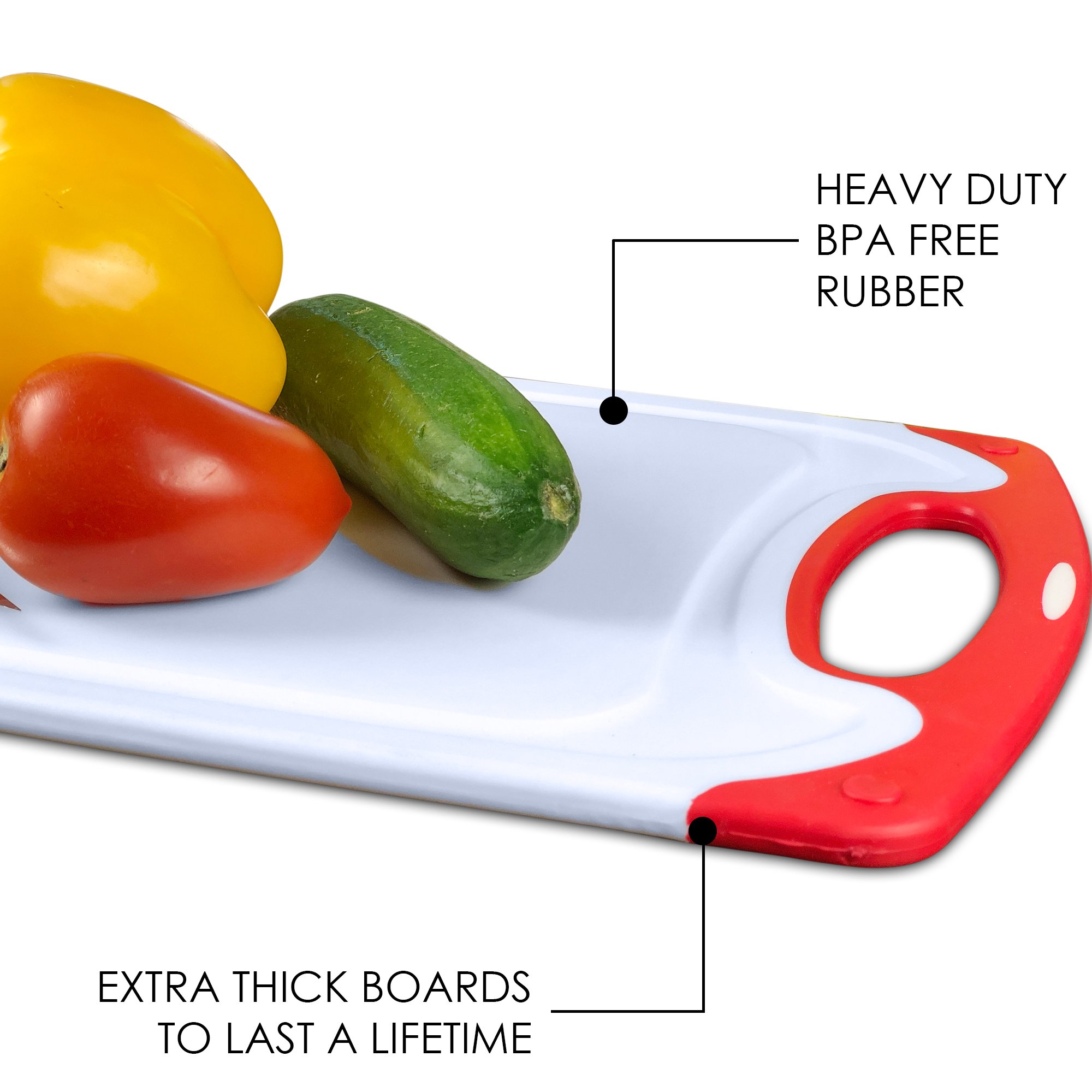 Raj Non-Slip Antibacterial Plastic Cutting Board, Deep Juice Groove, Dishwasher Safe, BPA Free, FDA Approved White and green (3 Pieces, White board with Red Ends)