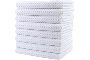 Polyte Ultra Premium Microfiber Kitchen Dish Hand Towel Waffle Weave, 8 Pack (16x28 in, White)