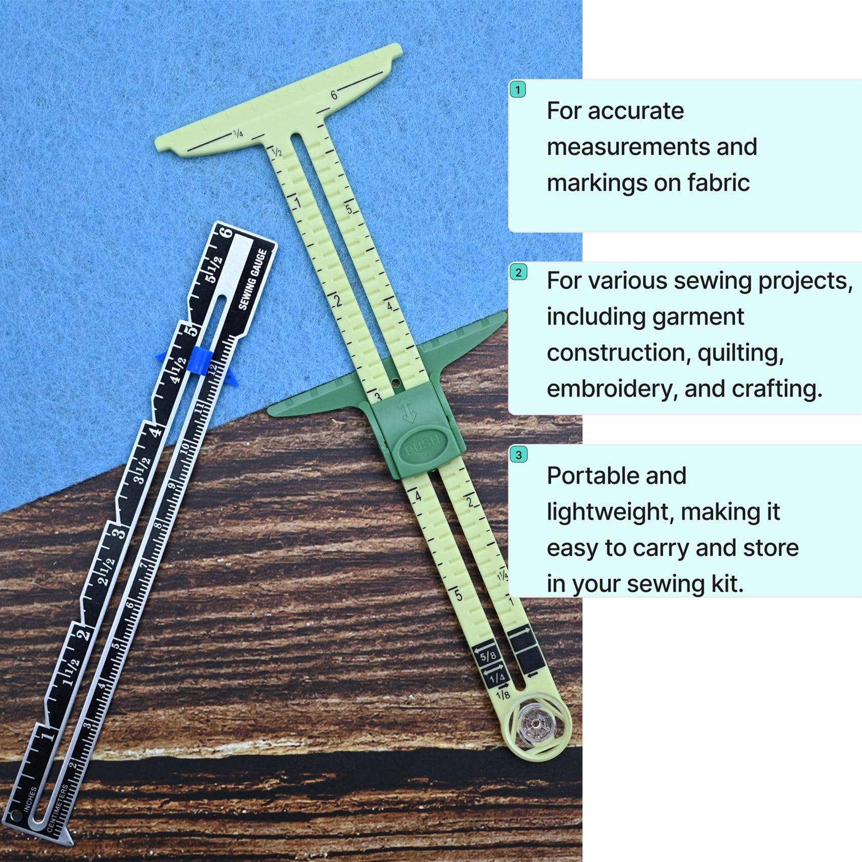 Sewing Gauge Measuring Tool Set 5-in-1 T-Shaped Sliding Gauge Ruler Fabric Quilting Ruler (2 Pieces)