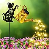 Solar Lights Outdoor Decorative, Watering Can with Cascading Lights, with Cat Silhouette Garden Stakes, Gifts for Mom Women, Waterproof Metal Garden Decor for Yard Art, Outside, Patio, Lawn Ornaments