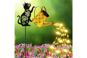 ostritec Solar Lights Outdoor Decorative, Watering Can with Cascading Lights, with Cat Silhouette Garden Stakes, Waterproof Metal Garden Decor for Yard Art, Outside, Patio, Lawn Ornaments