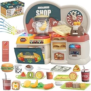 Kitchen Toys for Kids - Toaster & Juice Blender Pretend Play Set w/ Light, Music, Play Food, Encourage Imaginative Play Kitchen Playset, 65 Pcs Fun & Colorful Kitchen Accessories Toy for Girls & Boys