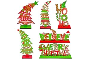 Cinrobiye 6 Pcs Christmas Table Decorations, Red Green Whoville Crooked Christmas Tree Centerpieces Farmhouse Wood Xmas Tabletop Xmas Signs for Home Mantel Fireplace Holiday Party Supplies Decor