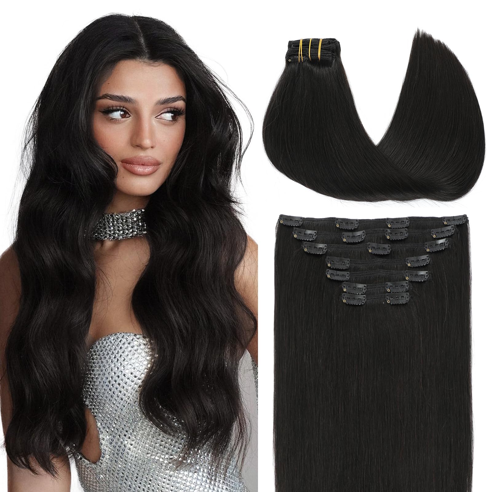 VINBAO Clip in Hair Extensions Real Human Hair Natural Black 18inch 160g Thick Hair Extensions Clip ins for Women Silky Straight Invisible Human Hair Clip in Extensions 7pcs (#7C1B, 18'')