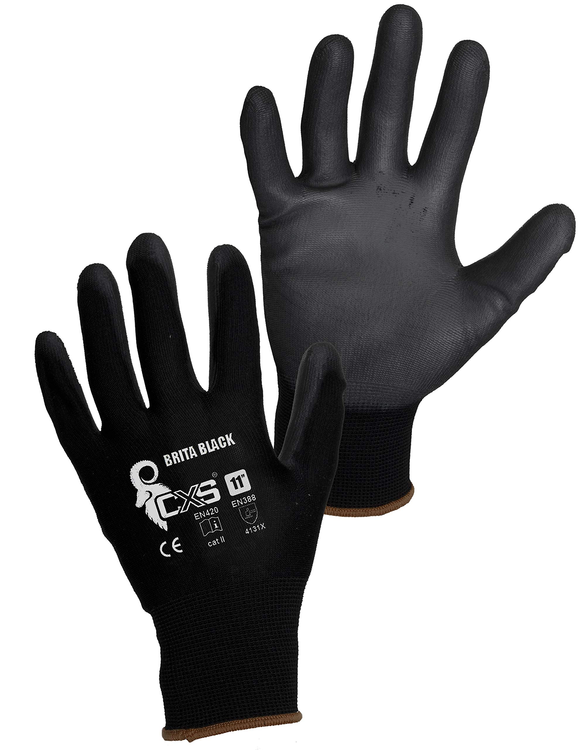 CXS (Pack of 12 Brita work gloves - non-slip seamless assembly gloves - for automotive industry repair work, work gloves, car service, DIY (11, black)