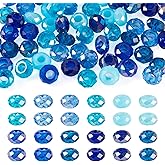 FASHEWELRY 60Pcs 13-14mm Blue Theme Faceted Rondelle Glass Beads Clear Crystal Large Hole Bead Loose Spacer European Beads for DIY Craft Bracelet Necklace Jewelry Making