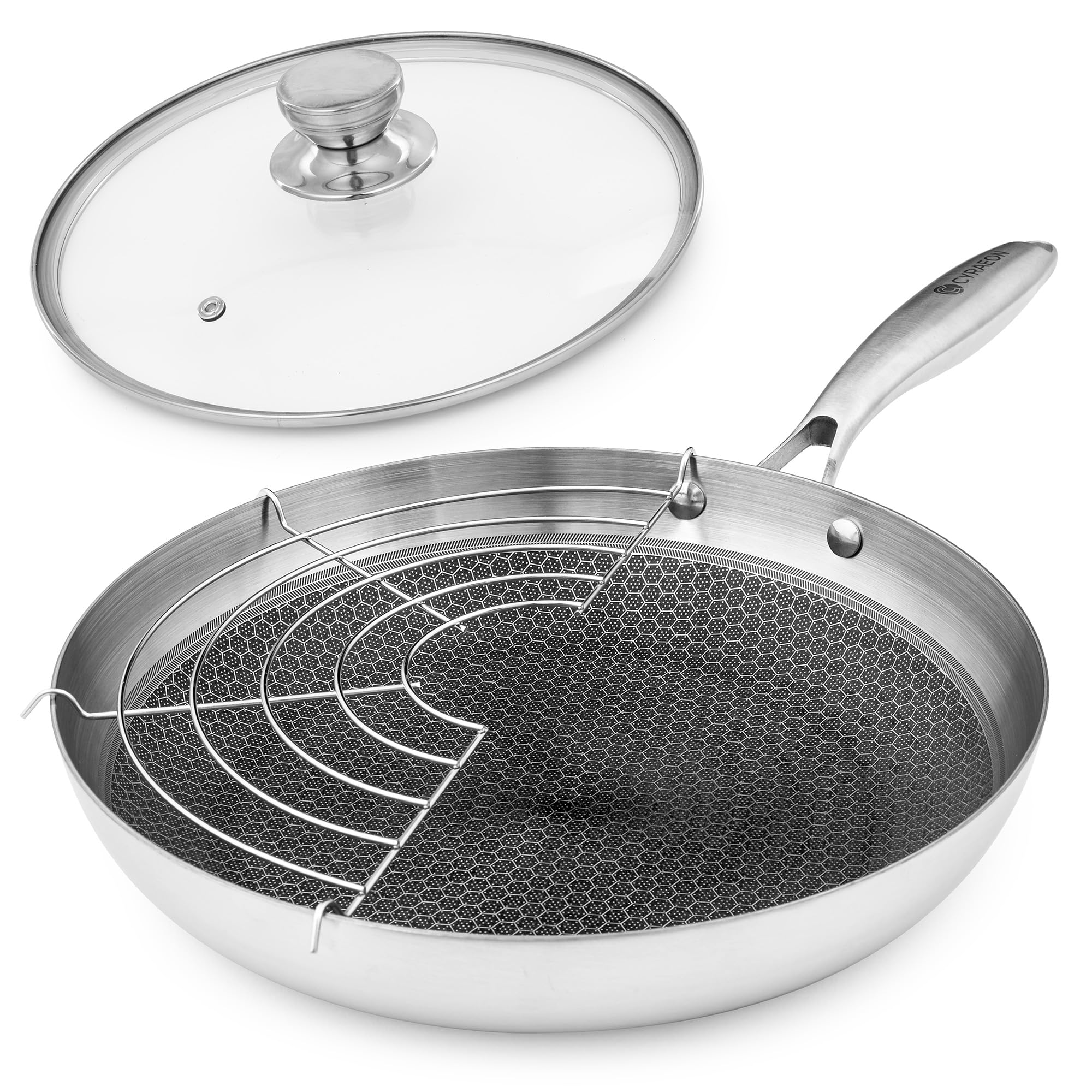 Cyraeon Stainless Steel Frying Pan 26cm with Non-Stick Honeycomb Design and Stay Cool Handle. Compatible with All Stovetops, Oven and Dishwasher Safe. Glass Lid and Rack Included.