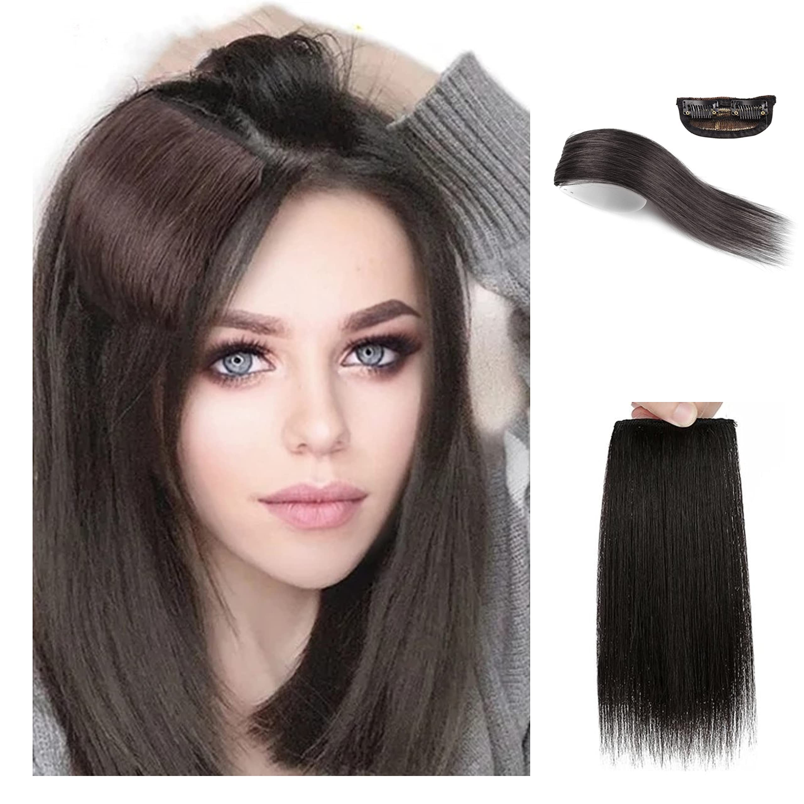 Photo 1 of Funyn 2pieces Thick Straight Hair Pieces Adding Hair Volume Seamless Hair Topper Synthetic Invisible Clips in Hair Pieces Fluffy Hair Pad Hair Extension for Hair Loss (12INCH/30CM, Black Brown)