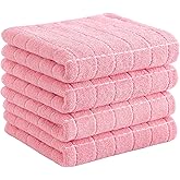 Homaxy 100% Cotton Terry Kitchen Towels(Pink, 13 x 28 inches), Checkered Designed, Soft and Super Absorbent Dish Towels, 4 Pack