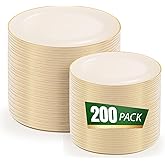 bUCLA 200PCS Ivory Plastic Plates with Gold Rim - Heavy Duty Cream Disposable Include 100 Dinner 10 inch & 100 Dessert 7 inch Plates, Ideal for Party & Wedding