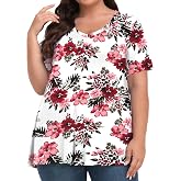 Tencede Womens Plus Size Tops Short Sleeve Tunic Shirts V Neck Summer Floral Loose Fit Blouse XL-5X