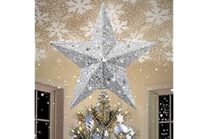 IPOW LED Snowflake Projector Star Christmas Tree Topper, 11.3 Inch Silver Glittered Star Treetop Lighted Rotating Snow Flake for Christmas New Year Holiday Decoration, Night Light Projector for Kids