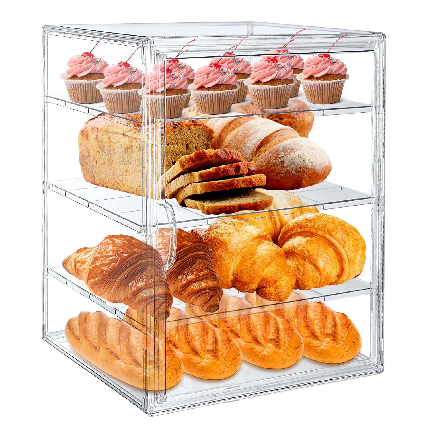 Photo 1 of 15.5 x 11.4 x 9.8 Inch 4-Tier-Party Display Case, Bakery Display Case Countertop,Adjustable Clear Bread Storage with Magnetic Door Bakery Pastry Display, Cookies and Donuts
