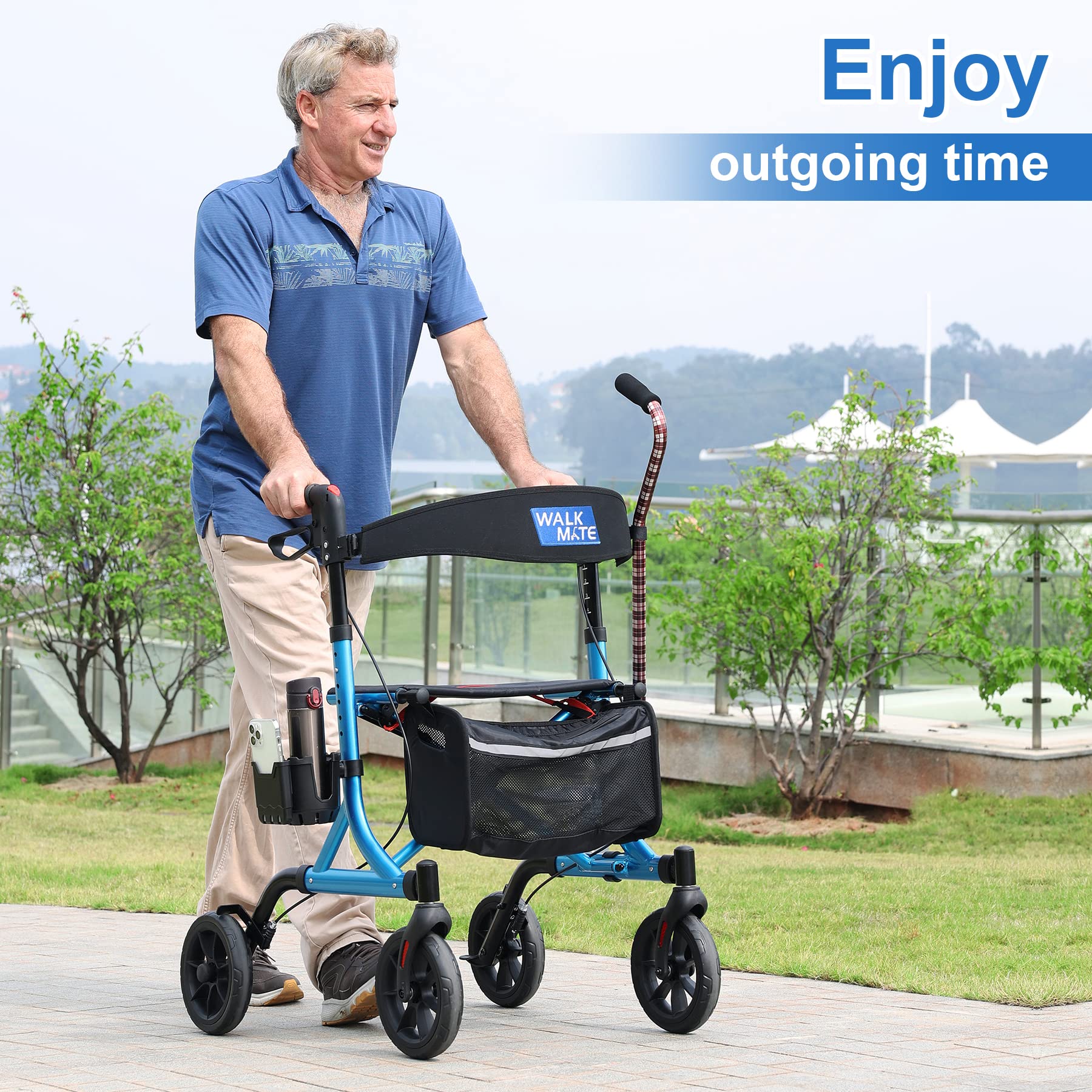 WALK MATE Rollator Walker for Seniors with Cup Holder, Upgraded Thumb Press Button for Height Adjustment, 4 x 8 Wheels Walker with Seat Padded Backrest Folding Lightweight Walking Aid, Blue