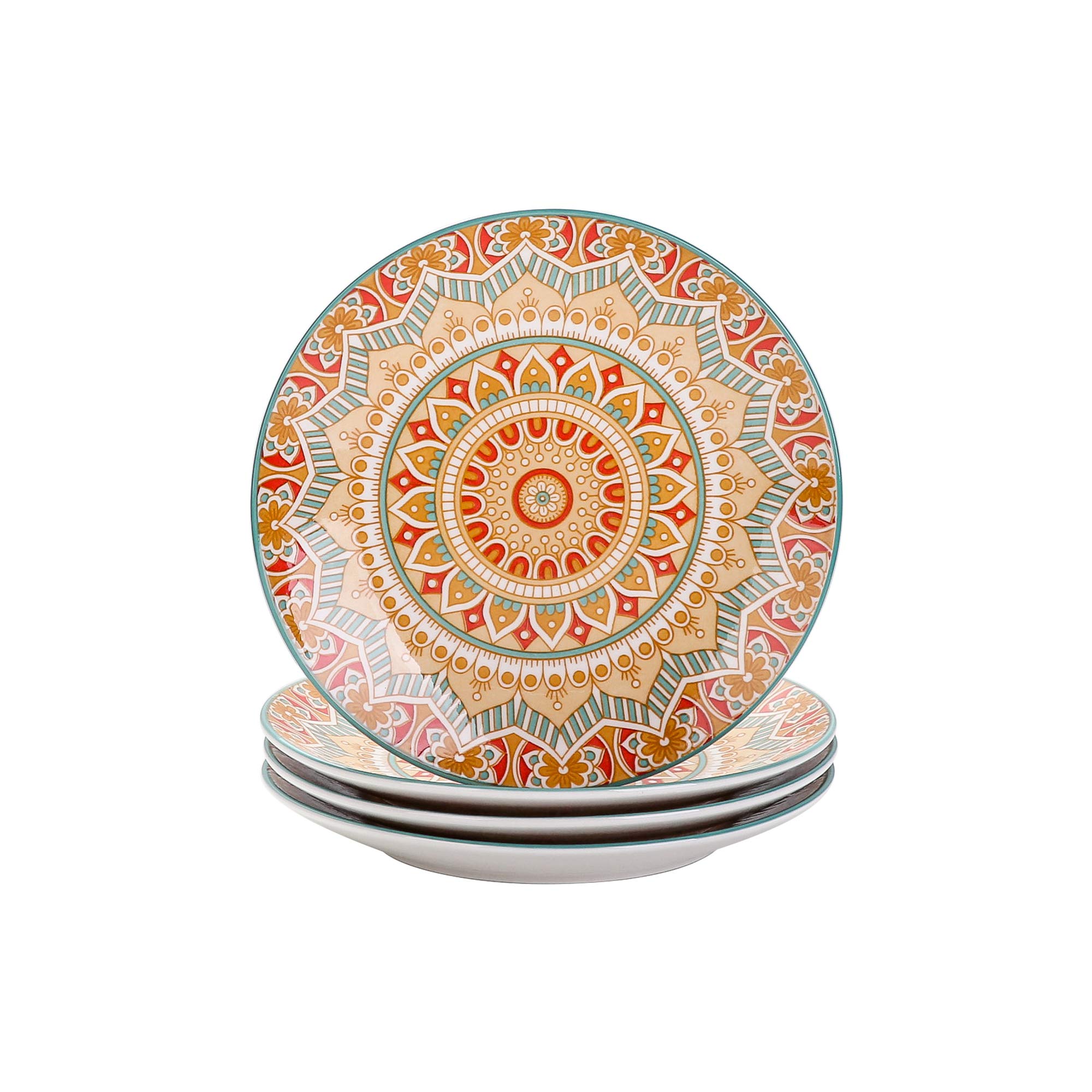 vancasso - Set of 4 Bohemian Style Ceramic Dessert Plates 8" Mandala Design - 21 x 21 x 2.5cm - Yellow