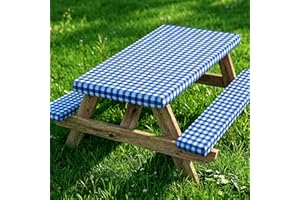 CHRORINE 3 Piece Set Fitted Picnic Table Cover Set with Bench Covers Water-Resistant Polyester Flannel Backing Picnic Table C