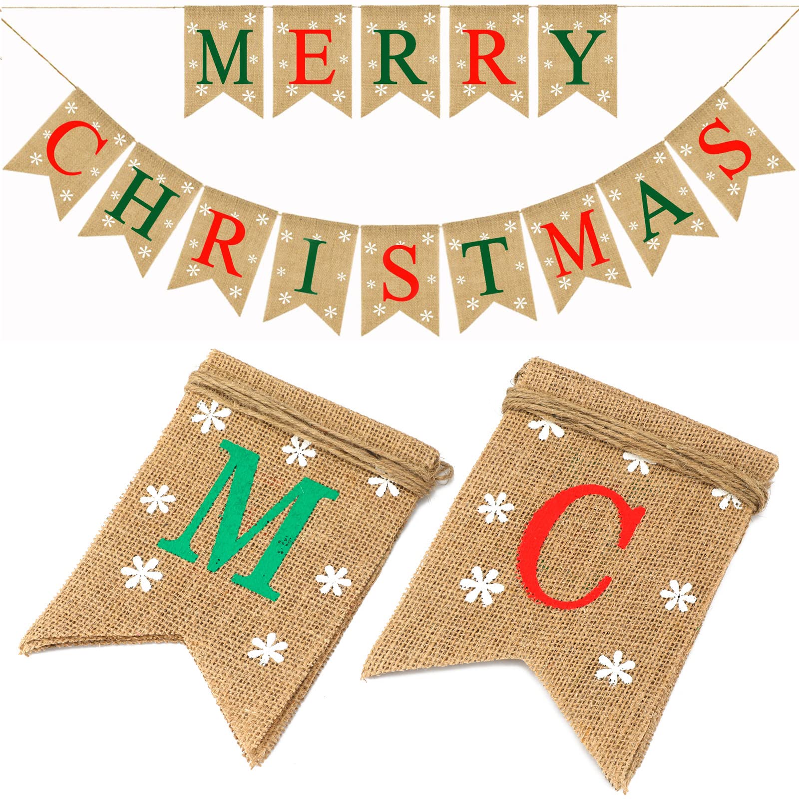 G2PLUS Merry Christmas Burlap Bunting Banner, 4.8M Banner with Snowflake, Vintage Merry Christmas Garland with 14 Pennants, Rustic Hessian Bunting