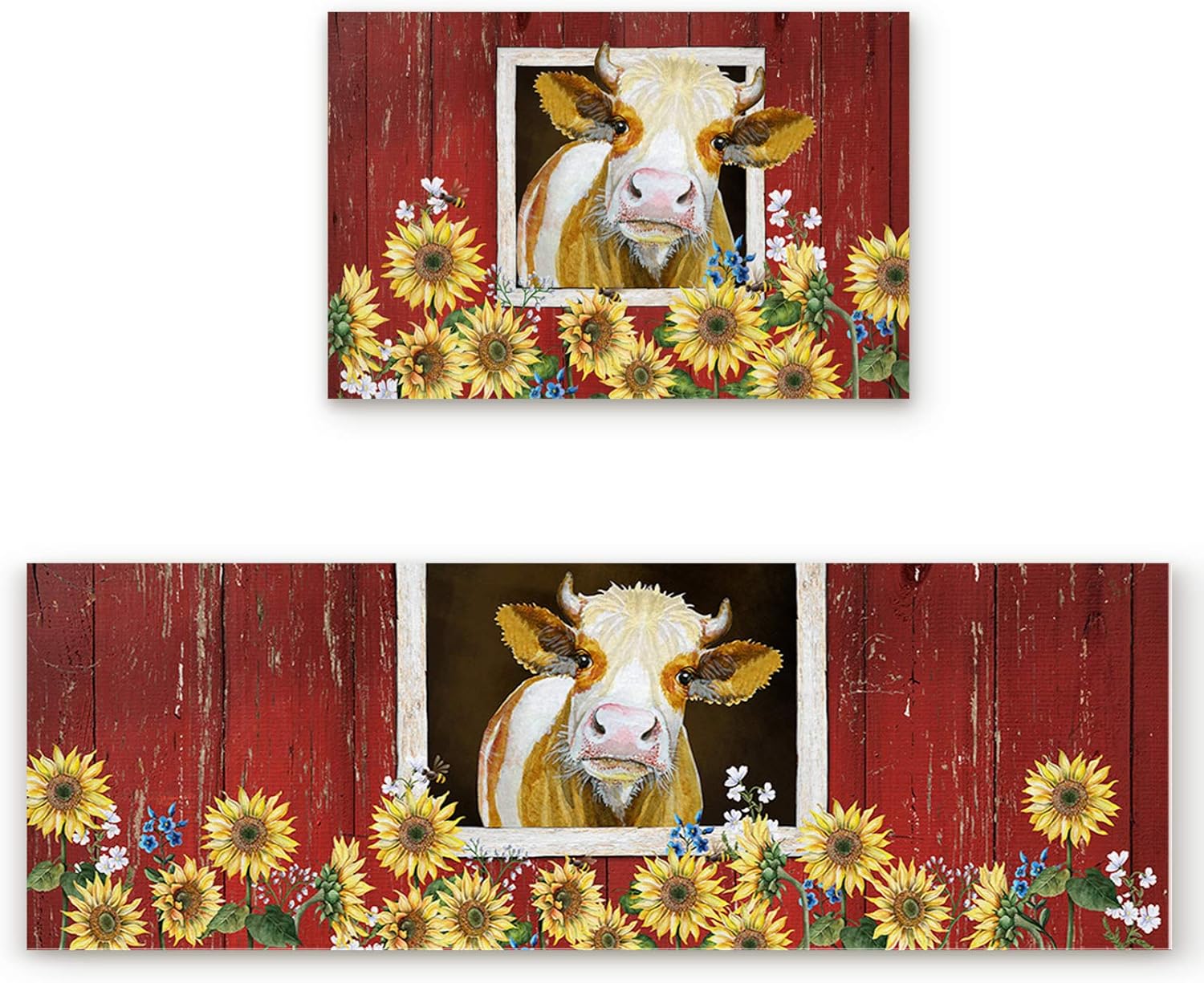 Z&L Home Kitchen Rug Set of 2 Piece, Farm Animal Cow in Red Wooden Barn