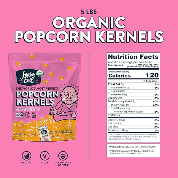 LESSEREVIL ORGANIC POPCORN KERNELS, NON-GMO VERIFIED, GLUTEN FREE, VEGAN, 5 LB BAG