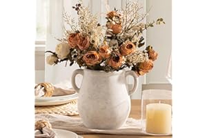VANSELIA Ceramic Flower Vase Home Decor - 7.1 Inch White Rustic Table Flowers Vases Living Room Bedroom Plant Decoration Modern Farmhouse Vintage for Kitchen Shelf Office Coffee Dining Desk House Women
