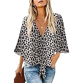 luvamia Women's Casual V Neck Tops 3/4 Sleeve Tie Knot Blouses Solid Button Down Shirts