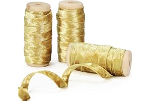 Keypan Gold Velvet Ribbon Double-Sided Handmade Glossy Fabric Trim Wooden Spool Thin Ribbon for Christmas Tree Gift Wrapping Crafts Wedding Flower Bouquet 3/8 inch x 5YD 3 Rolls