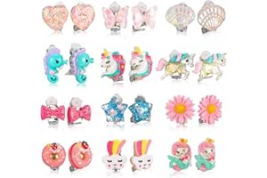 12 Pairs Kids Clip On Earrings for Girls, Rainbow Earrings for Kids, Unicorn Mermaid Flower Star Heart Princess Earrings No P