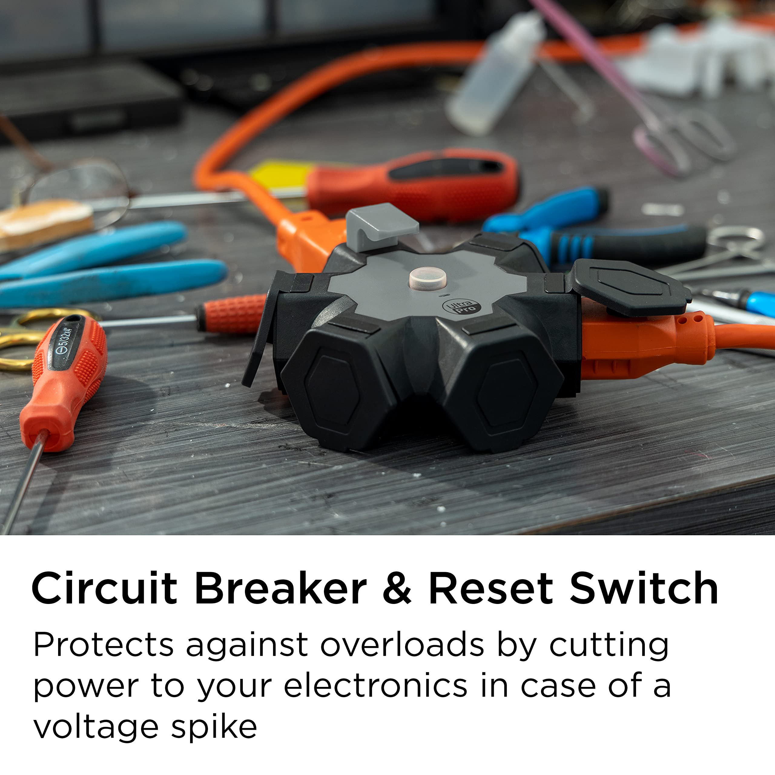 UltraPro Heavy Duty 5-Outlet Extender, Outdoor Extension Cord Adapter, Resettable Circuit Breaker and Storage Hook, Ideal for Seasonal Lighting, Decorations, Tools, and Appliances, Gray, 60213