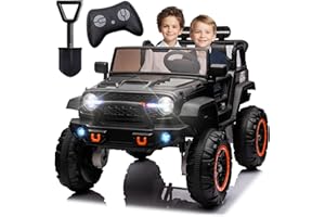 BCARORUR 24V 2 Seater Kids Ride On Car Truck with 20" Extra Wide Seat, 4WD/2WD Switchable Kids Electric Vehicle with Remote Control, 4 Powerful Engines, Soft Brake, Music, Suspension, LED Light (Black)