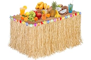 Aodaer Paper Luau Grass Table Skirt with Hibiscus Flowers 9 Feet x 30 Inch Raffia Style Hawaiian Table Skirt Rectangle Tropical Luau Party Decorations for Summer Beach Party, Straw