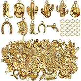 KMOSPAD 100 Grams Western Cowbo Charms Alloy Antique Golden Cowgiy Boot Hat Cactus Pendants with 80pcs Split Open Rings for DIY Necklace Bracelet Key Chains Crafts, Mixed 11 Styles