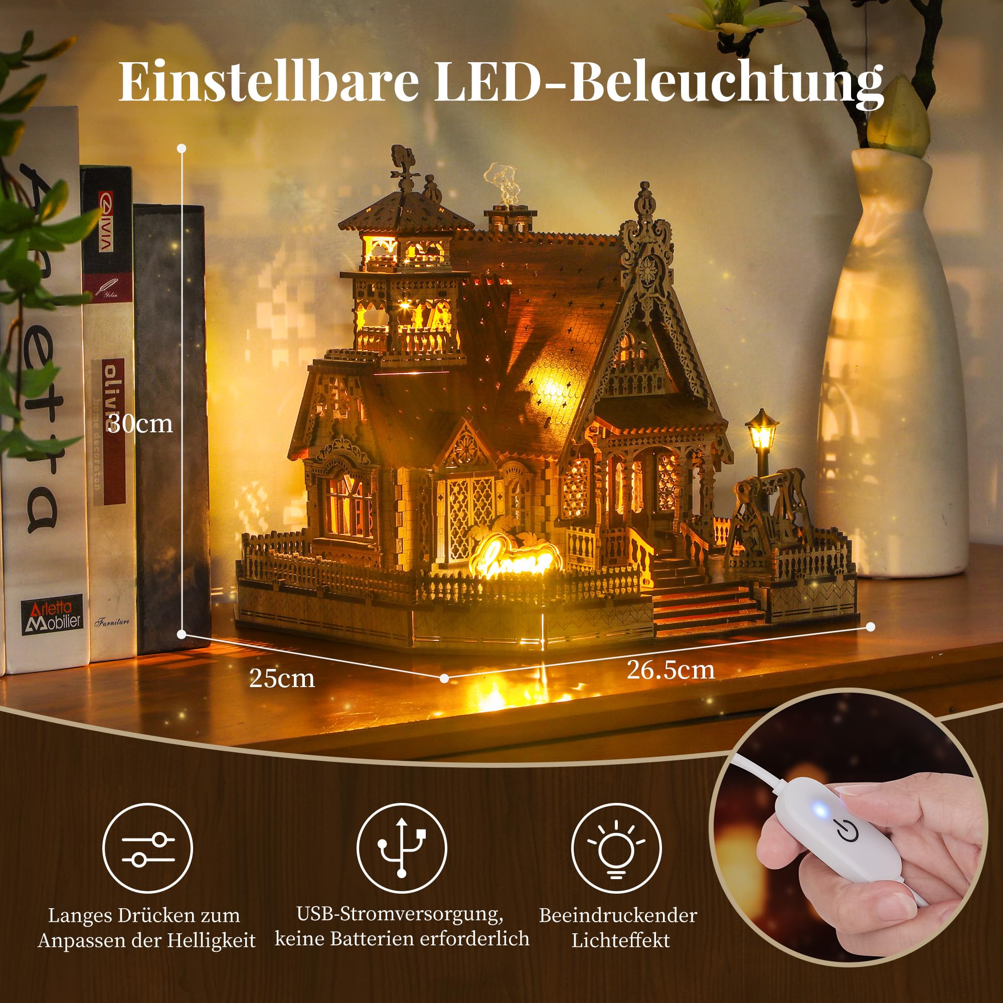FUNPOLA LED 3D Holzpuzzle für Erwachsene - DIY Miniatur-Bausatz mit LED-Blitz - Erwachsene 3D Handmade Rustic Architecture Home Decor Geschenk (Rural Cottage) 5