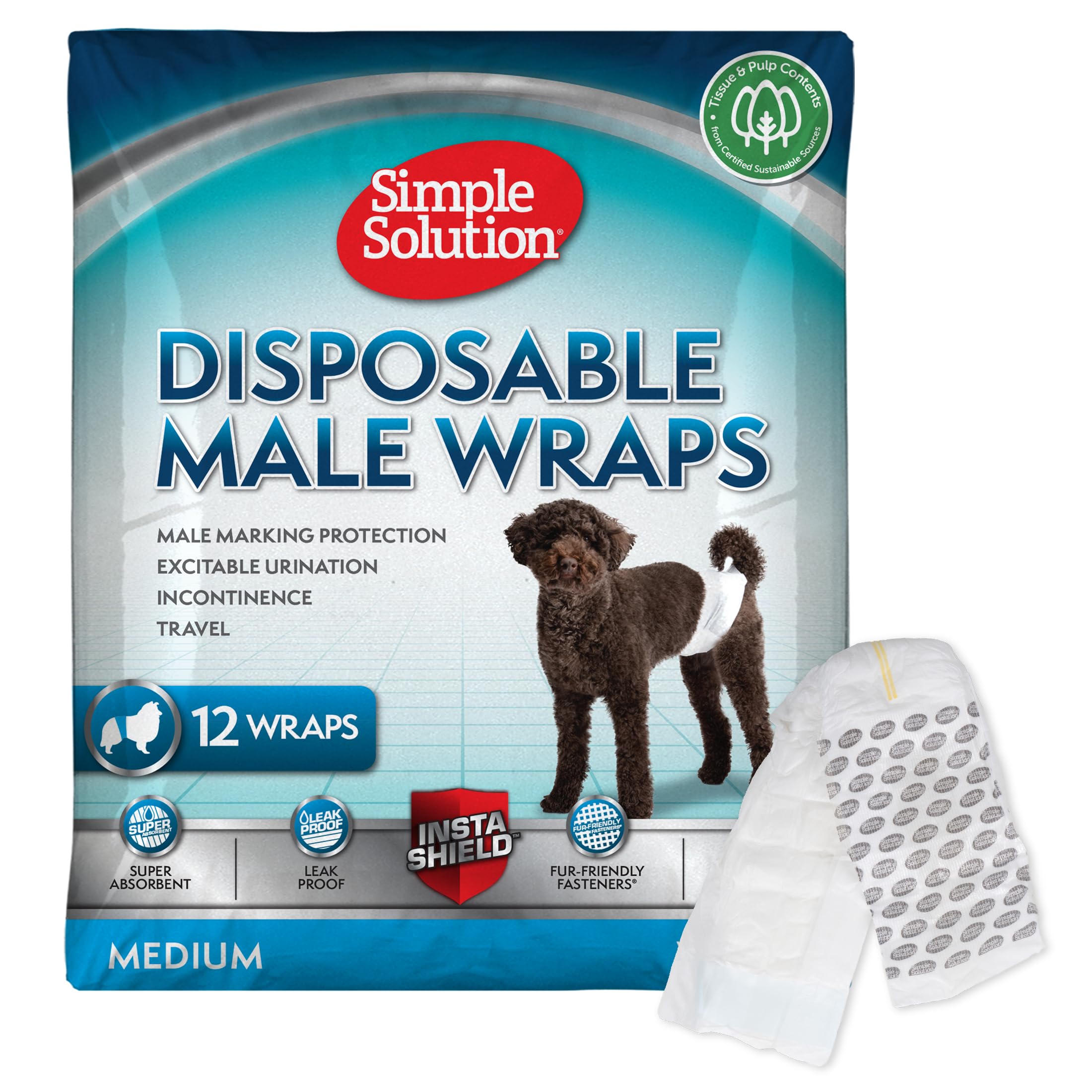 Simple Solution Disposable Dog Diapers for Male Dogs, with Super Absorbent Leak-Proof Fit for Excitable Urination, Incontinence, or Male Marking - 12 Pack