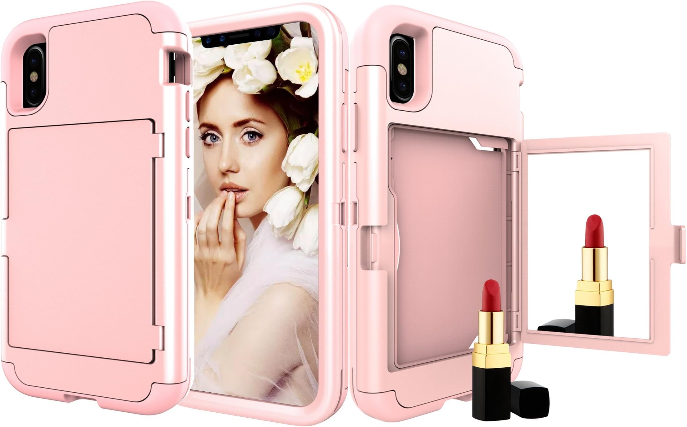 iPhone Xs/iPhone X Case, Solomo Wallet Case Design with Hidden Back Mirror and Card Holder Heavy Duty Protection Shockproof Armor Protective Phone Cases Cover for Apple iPhone Xs/X (Rose Gold)