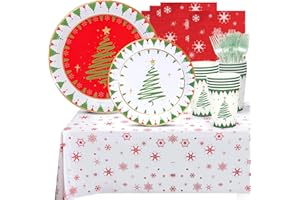 Atonofun Christmas Party Supplies, Merry Christmas Paper Plates and Napkins, Disposable Party Plates, 12oz Cups, Napkins and Forks for Xmas, Holiday Party Decorations Serves 24