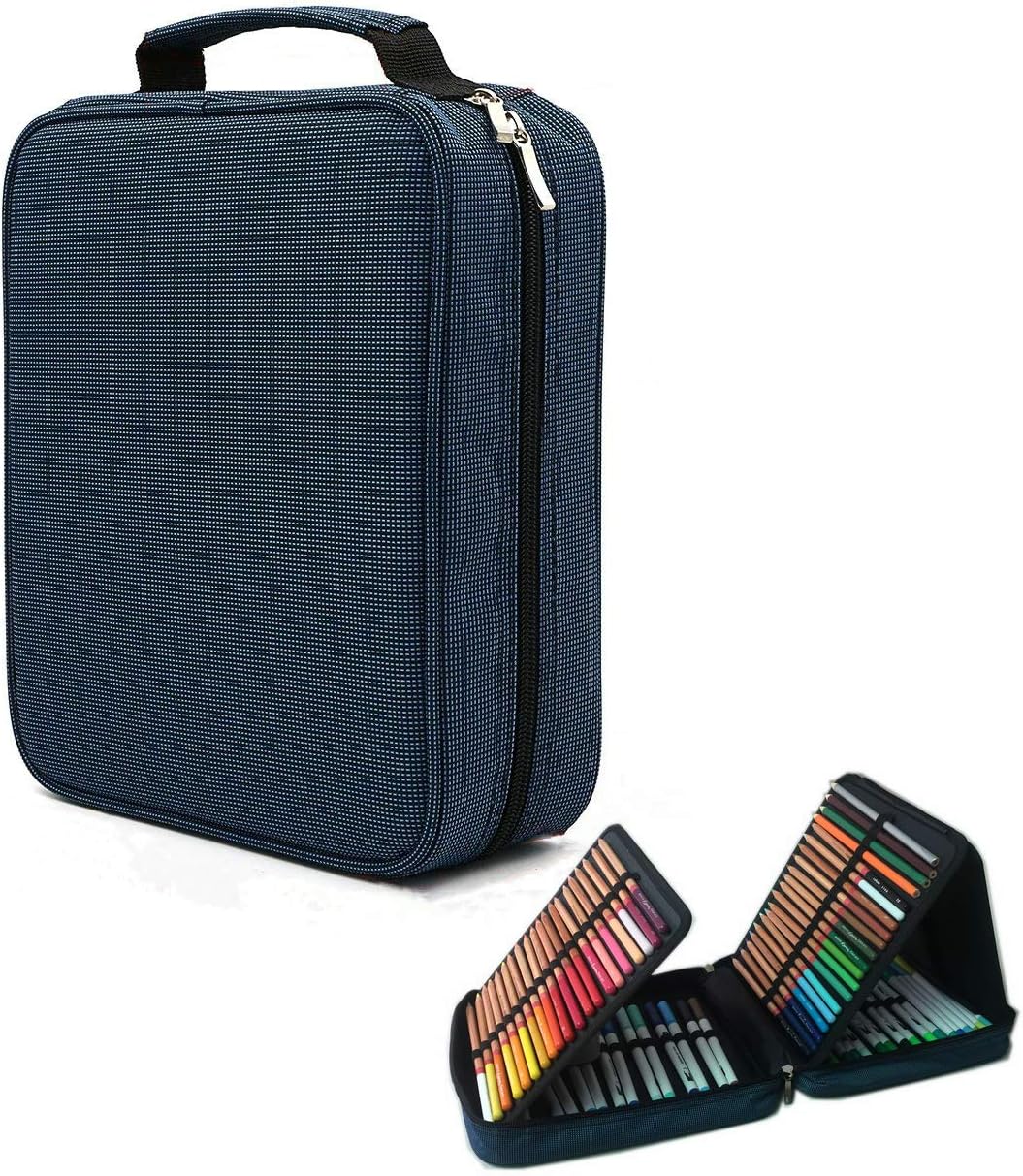 Lumsburry 160/200 Slots Coloured Pencils Case Multi-Layer Large Capacity Pen Organizing Bag with Zipper Closure (Royal Blue, 160-slot)