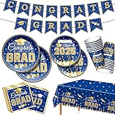 2025 Graduation Party Decorations Graduation Decoration 2025 Blue Disposable Grad Tableware Set Plates, Cups, Napkins, Tablecloth and Banner for Congrats Grad Class Of 2025, Serves 24