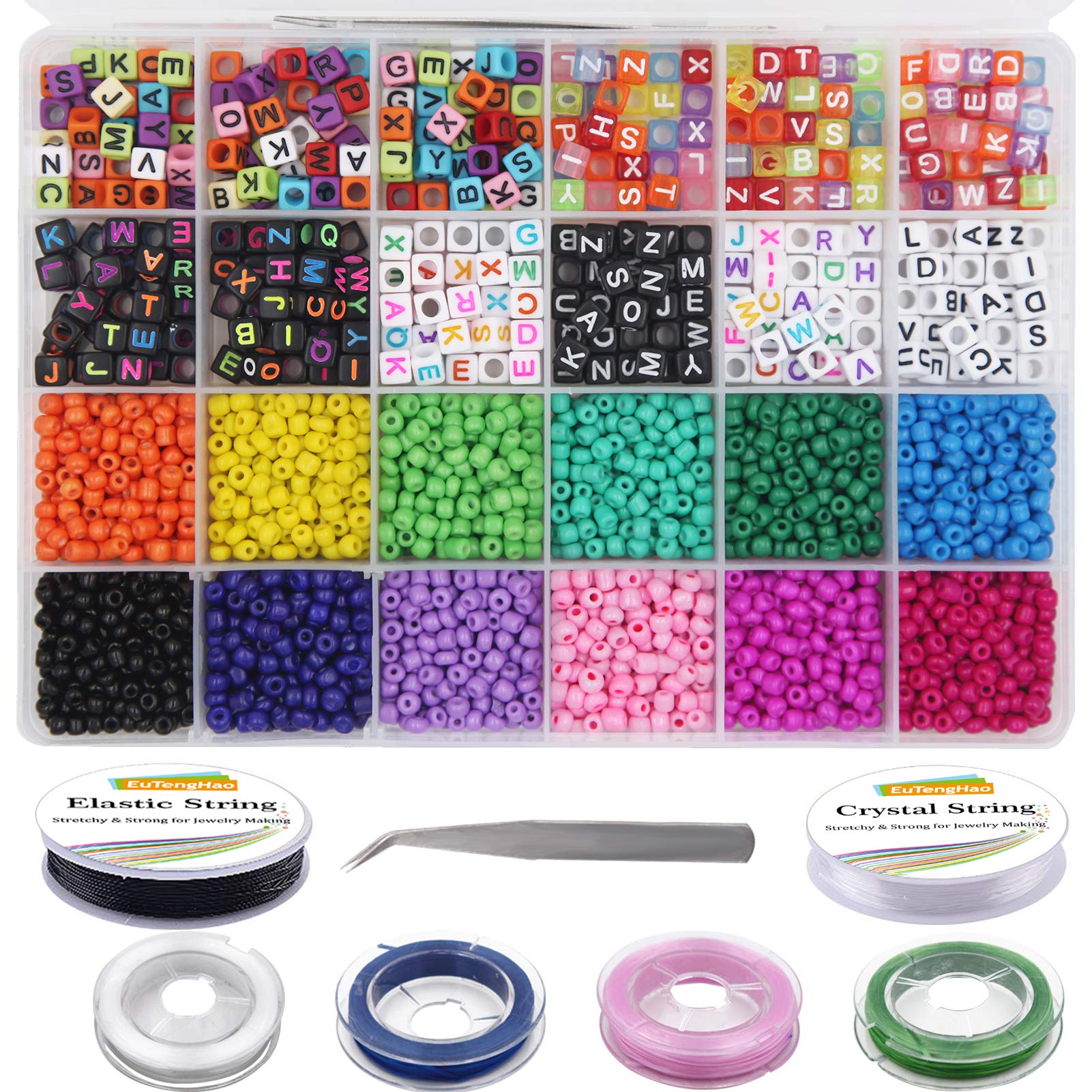 EuTengHao 4027Pcs Small Glass Seed Beads Letter Beads Kit for Bracelets Making with Colorful Bracelet String 4mm Glass Seed Pony Beads Alphabet Beads for Necklace Earring Bracelet Jewelry Making