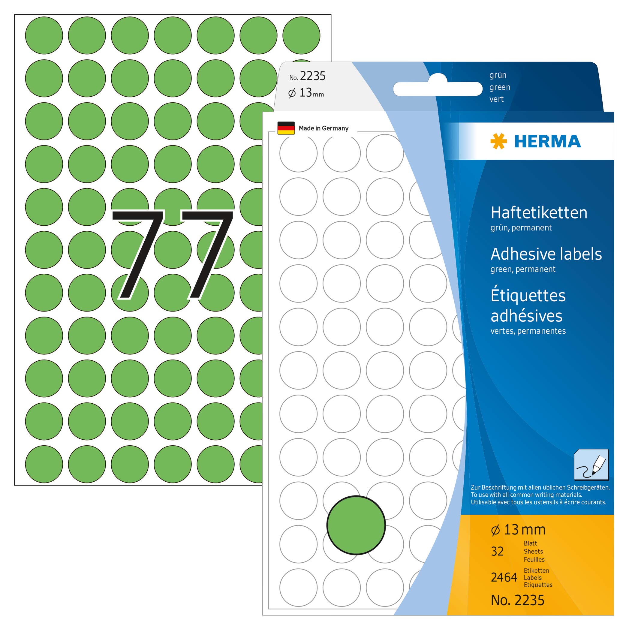 HERMA Dot Stickers Green, 2464 Labels Ø 13 mm, 77 per Sheet, Blank Marking Dots, Sticky Colour Coding Calendar