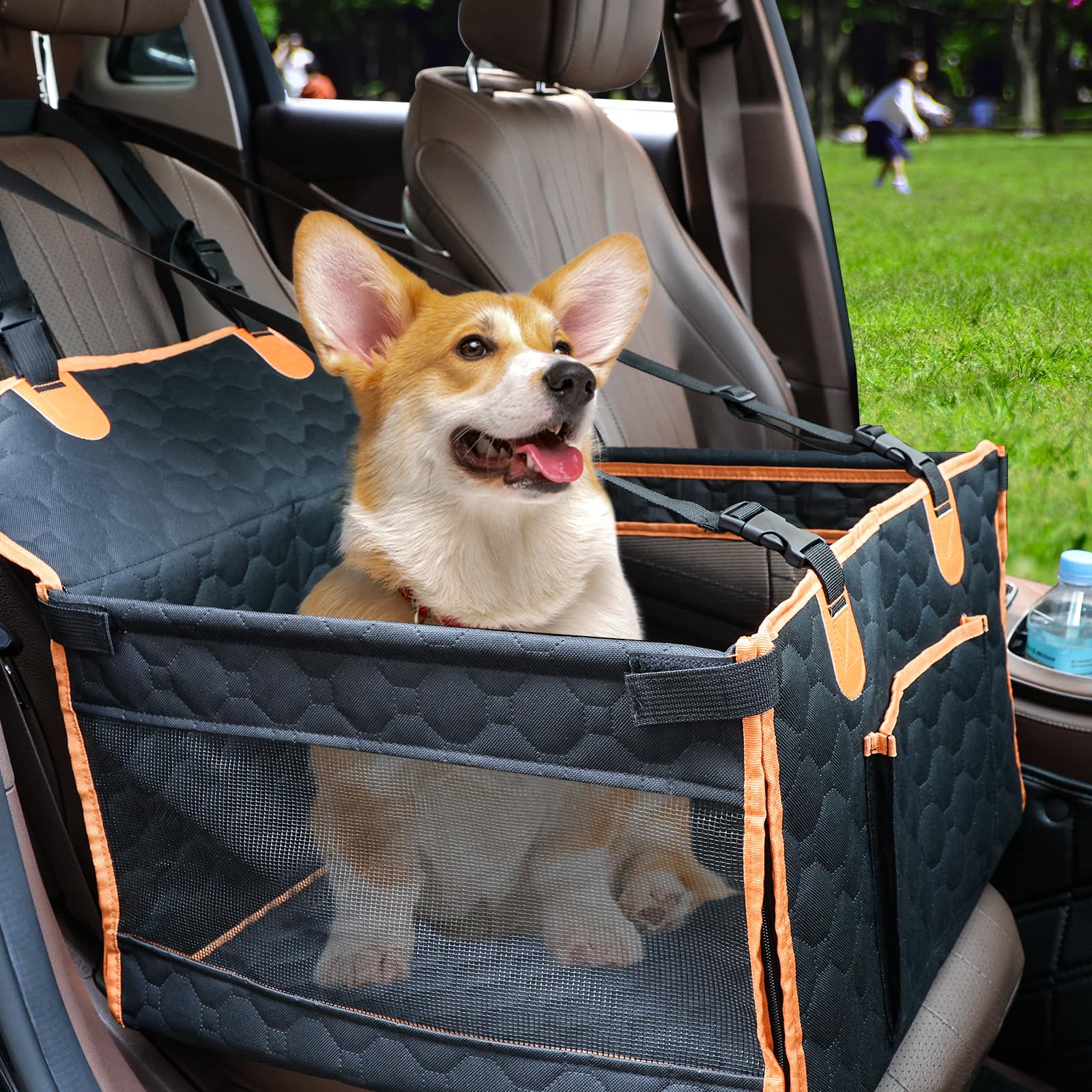 Photo 1 of Dog Car Seat for Medium Small Dogs, Pet Car Seat with Adjustable Safety Belt & Storage Pockets, Breathable Waterproof Pet Car Seats Cover, Small Dog Seats for Dogs Under 30lbs (Medium, Orange)