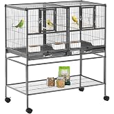 PawHut Divided Breeder Bird Cage with Rolling Stand Removable Metal Tray | Storage Shelf, Wood Perch, Food Container
