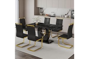 Btikita Dining Table Set for 6, Kitchen Table Chairs Set of 6, Modern Dining Room Set 63 inch Marble Dinner Table Upholstered