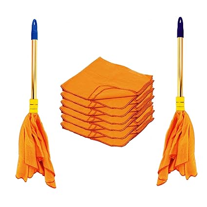 Vimal Golden Handle Duster (Dust Mop - 2 Pcs.) and High Density Dust Cleaning Flannel Cloths (A Pack of 6) Combo Set