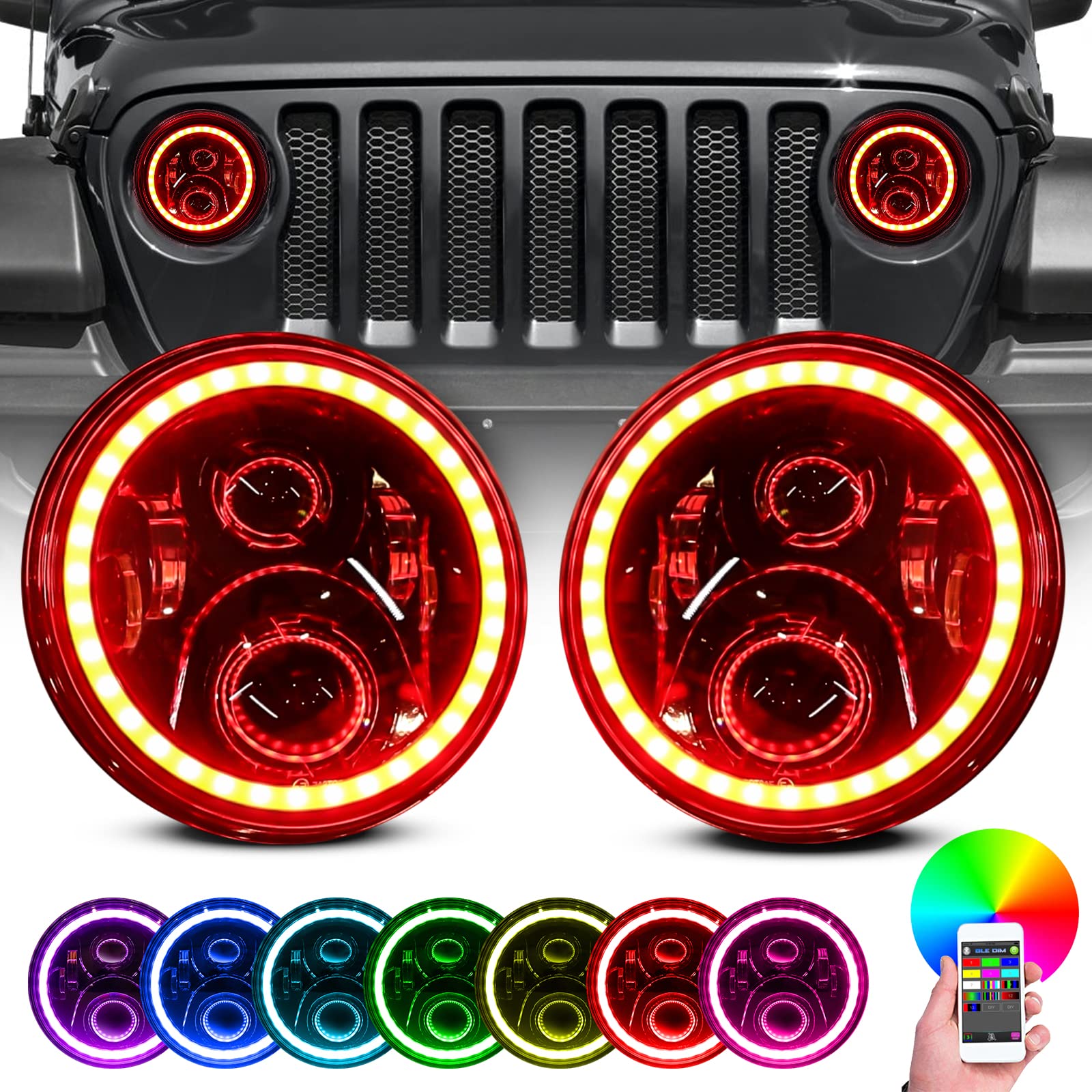 Photo 1 of YEEGO DIRECT 7 Inch LED Headlights, RGB Halo Angel Eye, for Wrangler 1997-2017 JK JKU TJ LJ CJ TJ Sahara Sport Rubicon Headlight APP Custom Colors (Red+Green+Blue)