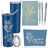 Funnymoom 6 Pcs Employee Appreciation Gift Thank You May You Be Proud 20 oz Boho Flower Tumbler Makeup Bag A6 Leather Journal Ballpoint Pens Office Christmas Appreciation Coworkers Boss Gifts (Blue)